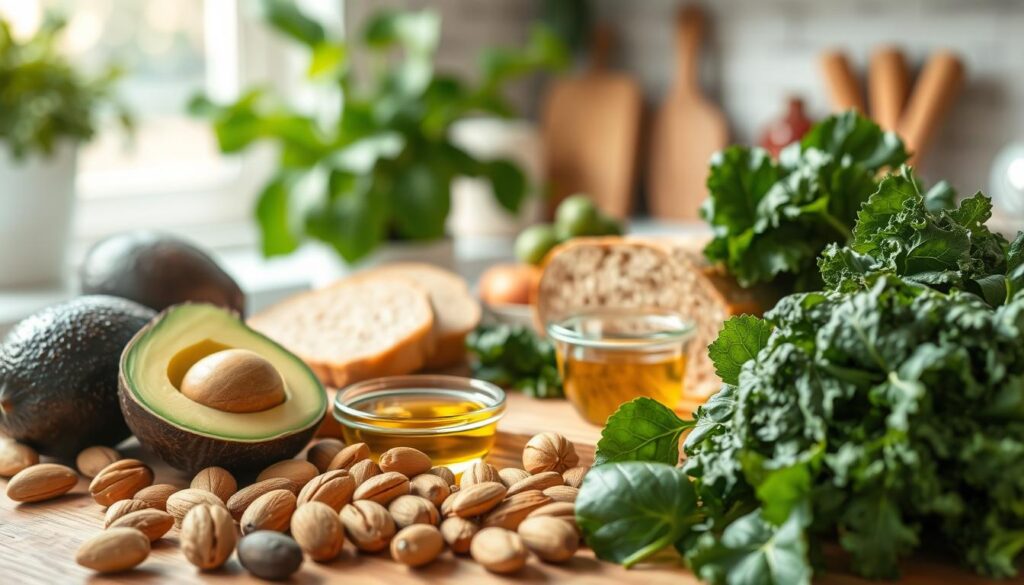 A vibrant, close-up composition of natural ingredients known for lowering cholesterol. In the foreground, assorted heart-healthy foods such as avocados, nuts (walnuts, almonds), and leafy greens (spinach, kale) are arranged artistically. In the middle ground, a wooden cutting board showcases slices of whole-grain bread and a small bowl of olive oil. The background features a soft-focus kitchen setting with natural light pouring in from a nearby window, creating a warm and inviting atmosphere. The image captures a fresh and healthy lifestyle, evoking a sense of vitality and well-being. The lens should have a shallow depth of field to emphasize the ingredients, with a slight bokeh effect in the background. Overall, the scene should feel natural and wholesome, promoting health and wellness.