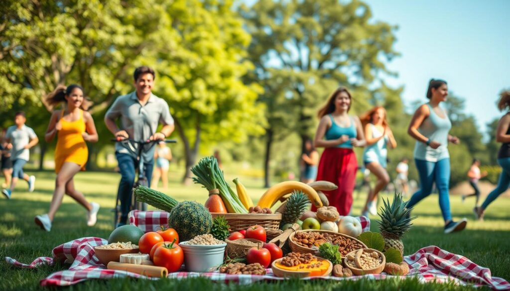 A vibrant scene depicting a healthy lifestyle focused on heart health. In the foreground, a diverse group of people, dressed in casual, modest athletic wear, joyfully engage in various activities like jogging, cycling, and practicing yoga. In the middle, a picnic area showcases a vibrant spread of heart-healthy foods such as fresh fruits, vegetables, whole grains, and nuts, with a backdrop of green trees and a sunny park setting. The background features a clear blue sky, adding to the uplifting atmosphere. Soft, warm lighting enhances the cheerful mood, while a shallow depth of field shifts focus from the people to the healthy food, highlighting the importance of nutrition in cholesterol management.