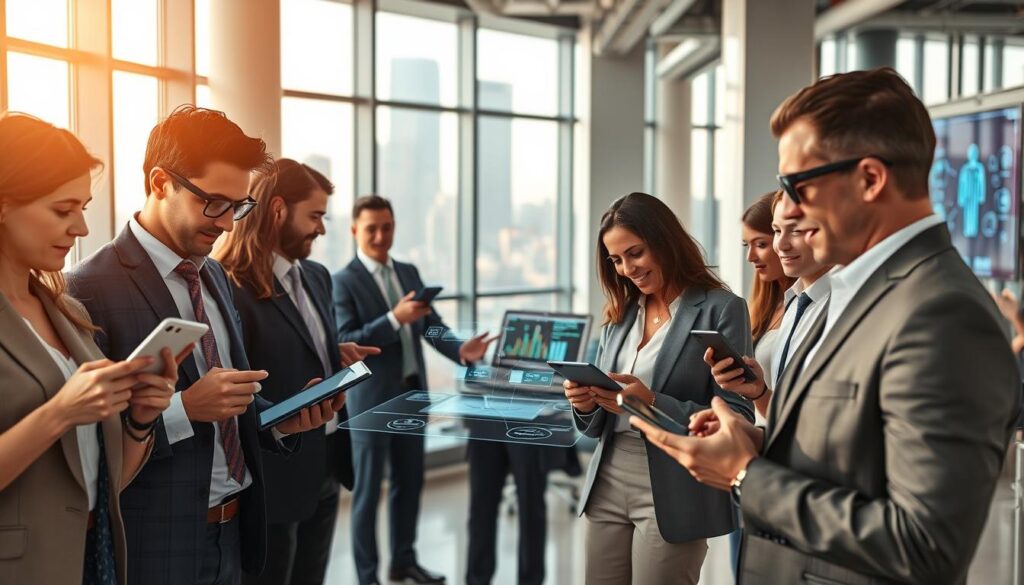 A modern office setting showcasing the benefits of smart technology in everyday life. In the foreground, a diverse group of professionals in business attire engage with various smart devices like tablets, smart assistants, and augmented reality glasses. The middle ground features a sleek workspace with holographic displays and interactive screens illustrating data analytics and AI insights. In the background, large windows reveal a cityscape bathed in natural light, symbolizing connectivity and progress. The atmosphere is dynamic yet focused, emphasizing collaboration and innovation. The lighting is bright, with a warm tone to evoke a positive and productive environment, captured with a slight depth of field to highlight the engaged professionals.